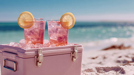 Two vibrant pink cocktails garnished with lemon slices, perfectly chilled with ice in a pastel...