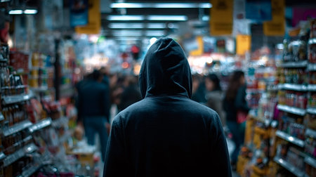 Individual wearing a dark hoodie navigating a crowded supermarket aisle, representing concepts of...