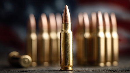 Rifle bullets stand upright with a blurred american flag in the background, representing themes of...