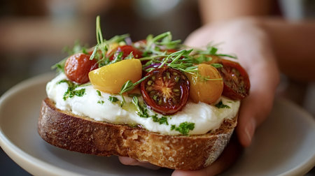 Hand presenting fresh bruschetta with creamy ricotta, colorful heirloom cherry tomatoes, olive oil...