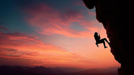 Silhouette of a person rappelling a steep rock face against a vibrant, colorful sky and distant mountains, conveying concepts of adventure, challenge, freedom, and overcoming difficultiesの写真素材