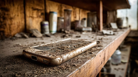 Dusty smartphone lying neglected on a grimy wooden shelf, symbolizing forgotten technology, product...