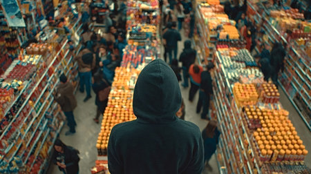 Hooded person observing consumers in a busy supermarket, surrounded by tall shelves overflowing with an excessive variety of retail products, highlighting themes of consumerism and overconsumptionの写真素材