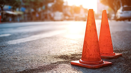 Orange traffic cones standing on an asphalt road, creating a visible barrier for roadwork and indicating potential hazards in an urban environment with warm evening lightの写真素材