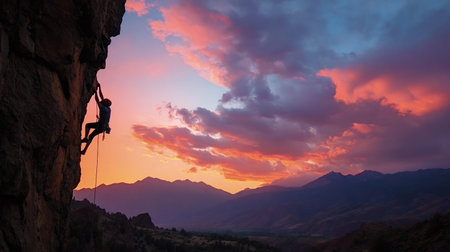 Rock climber silhouetted against a dramatic sunset sky, hanging on a steep cliff face, representing adventure, challenge, and the pursuit of extreme sports in mountainous terrainの写真素材