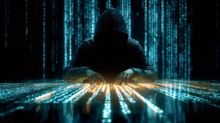 Anonymous hacker wearing a hoodie working on a glowing virtual keyboard with digital data and binary...
