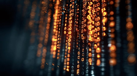Glowing orange binary code streams downward, creating an abstract representation of digital...