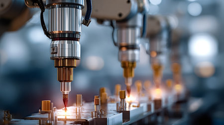 Robotic arms precision welding components on an automated conveyor system in a modern smart factory,...