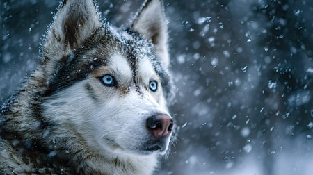 Siberian husky dog standing outdoors during a snowstorm, its thick fur covered with snowflakes and...