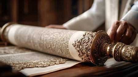 Rabbi's hands carefully unrolling a beautifully ornate torah scroll, displaying the ancient hebrew...