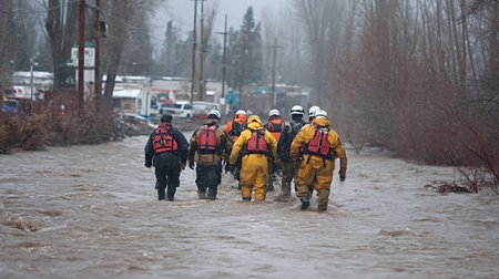 Group of emergency services personnel walking through swift, muddy flood water during a natural...