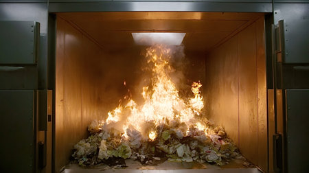 Waste materials and trash burning with large flames and active smoke inside a metal industrial...