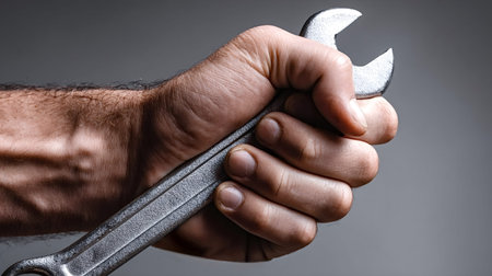Male hand firmly gripping a shiny silver metal wrench, symbolizing hard work, manual labor,...