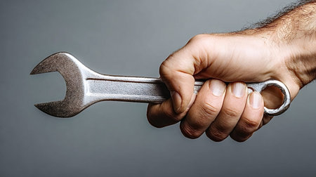Hand holding a shiny metallic wrench, symbolizing work, service, repair, construction, and...