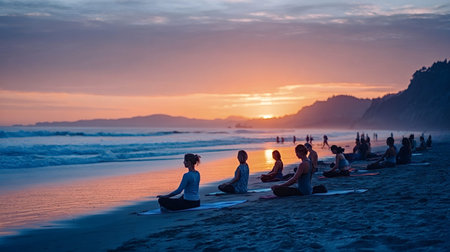 Group of diverse people practicing yoga and meditation in lotus poses on a sandy beach at golden...