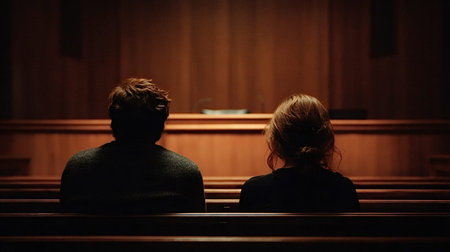 Two anonymous individuals, a man and a woman, are sitting in the back rows of a dimly lit courtroom,...