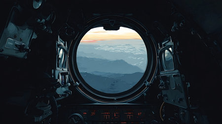 Aircraft cockpit porthole offering a captivating view of mountains, clouds, and a horizon...