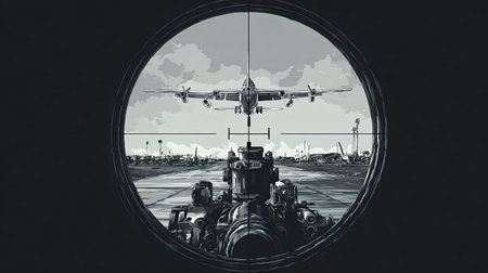 Sniper scope crosshairs framed on a military aircraft approaching an airfield, weapon in foreground...