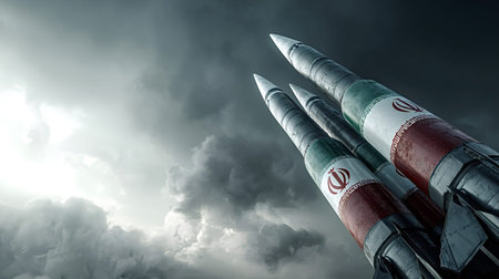 Iranian ballistic missiles, painted with the national flag, preparing for launch against a backdrop of ominous stormy skies, symbolizing conflict, tension, and military powerの写真素材