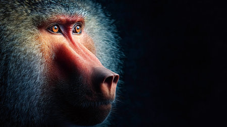 Baboon looking forward, showing striking facial features including red skin and fur detail,...
