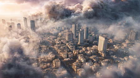 City landscape showing buildings in ruins and dark smoke billowing from widespread explosions,...