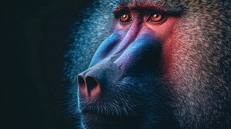 Mandrill portrait with vivid blue and red facial coloration and intense orange eyes gazing upward,...