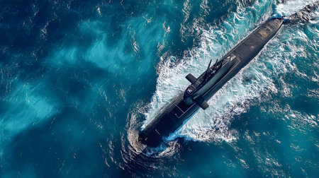 Military submarine navigating tropical ocean waters, creating a wake and ripples on the surface,...