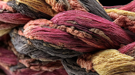 Intricate interwoven strands of colored fibers forming a detailed microscopic textile abstract...
