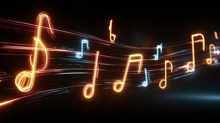 Glowing musical notes creating an abstract melody with streaks of light on a black background,...