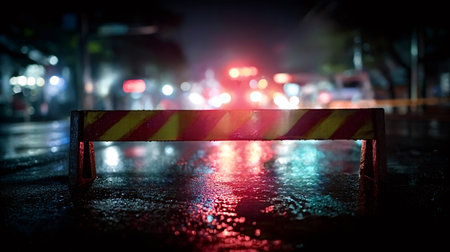 Roadblock barricade blocking access on a wet urban street at night, reflecting vibrant city lights...
