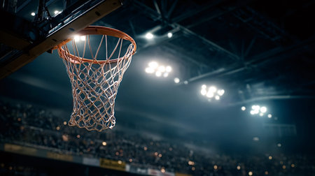 Basketball hoop and net suspended in a dramatic indoor arena, illuminated by bright spotlights with...