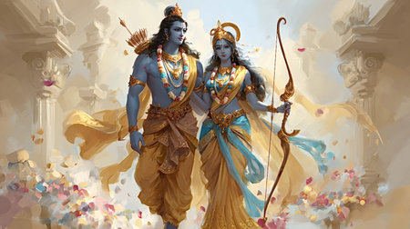 Lord rama and sita, hindu deities from the ramayana, are walking forward, adorned in traditional...