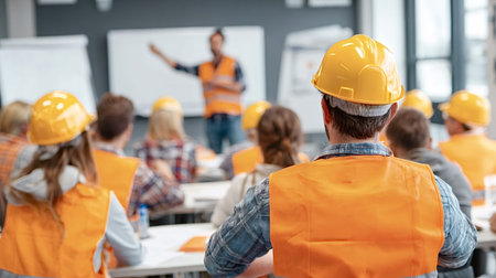 Group of diverse construction workers wearing hard hats and safety vests attending a focused safety...
