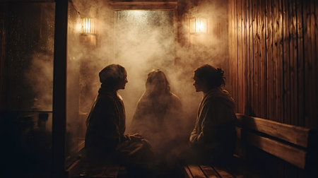 Three women finding calm and conversation together in a steamy, dimly lit wooden traditional sauna,...