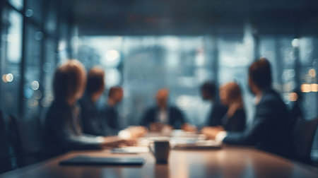 Business professionals gathered around a conference table, faces blurred into bokeh, conveying...