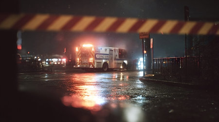 Fire truck arriving at an incident scene with flashing lights, reflecting on wet pavement, seen...