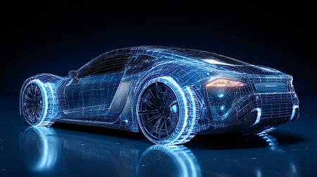 Futuristic sport car model rendered with a glowing blue digital wireframe, showcasing advanced...