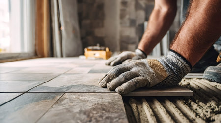 Worker wearing gloves placing a ceramic floor tile onto adhesive with a trowel during a modern home...