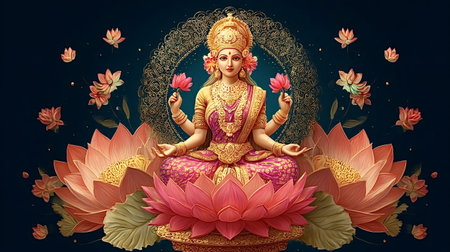Goddess lakshmi in a pink sari and gold jewelry seated on a large lotus, holding lotus blossoms, symbolizing wealth, beauty, spiritual purity and devotionの写真素材
