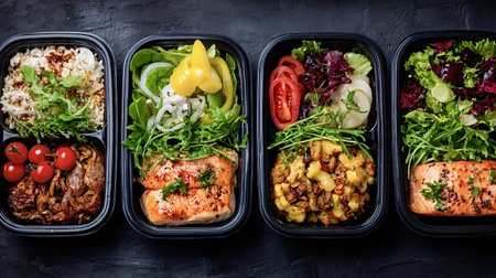 Meal prepping a variety of balanced and healthy meals in black divided containers, including salmon,...
