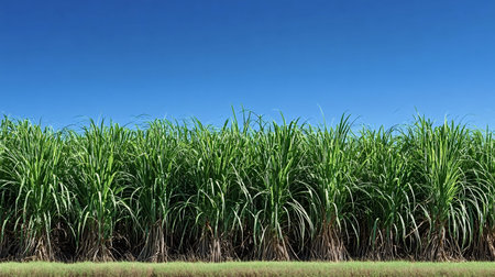 Sugarcane plants stand tall and green in a vast agricultural field, thriving under a bright,...