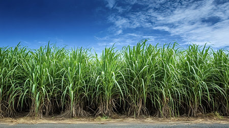 Sugarcane plants stand tall and green, forming a dense field under a clear blue sky with light clouds, representing agricultural production and the cultivation of sugar cropsの写真素材