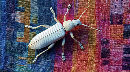 White sri lanka weevil, a striking beetle, crawling on a brightly colored abstract woven fabric,...
