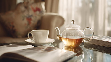 Hot tea in a clear glass teapot and white ceramic cup placed on a reflective table next to an open book, creating a cozy atmosphere for relaxation and reading at homeの写真素材