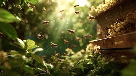 Honeybees bustle around a wooden beehive in warm dappled sunlight among green foliage, capturing...