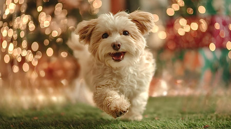 Cute small puppy running cheerfully on green grass during the festive holiday season, surrounded by...