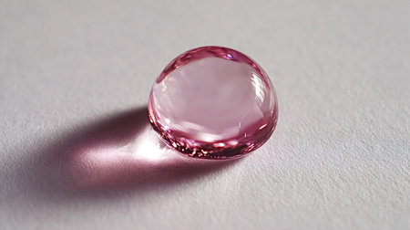 Pink liquid droplet captured in macro, a translucent spherical bead showing surface tension and...
