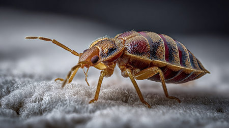 Bed bug, cimex lectularius, crawling on fabric surface, showing detailed body segments and antennae...