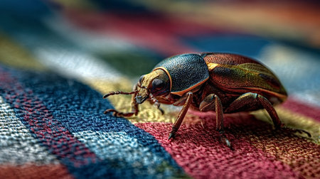 Iridescent beetle with a multicolored shell displaying a range of colors, crawling on a textured...