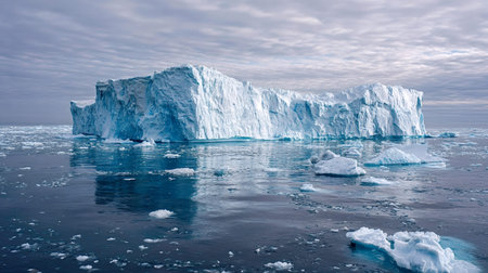 Iceberg floating in a cold arctic ocean surrounded by ice floes and serene water under a cloudy sky,...